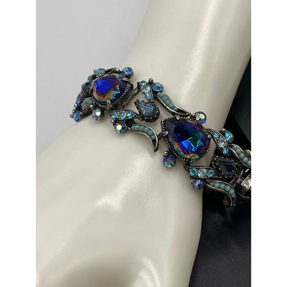 Florenza‎ Signed Vintage Blue Purple Iridescent Glass Bracelet earring Set - Picture 2 of 11